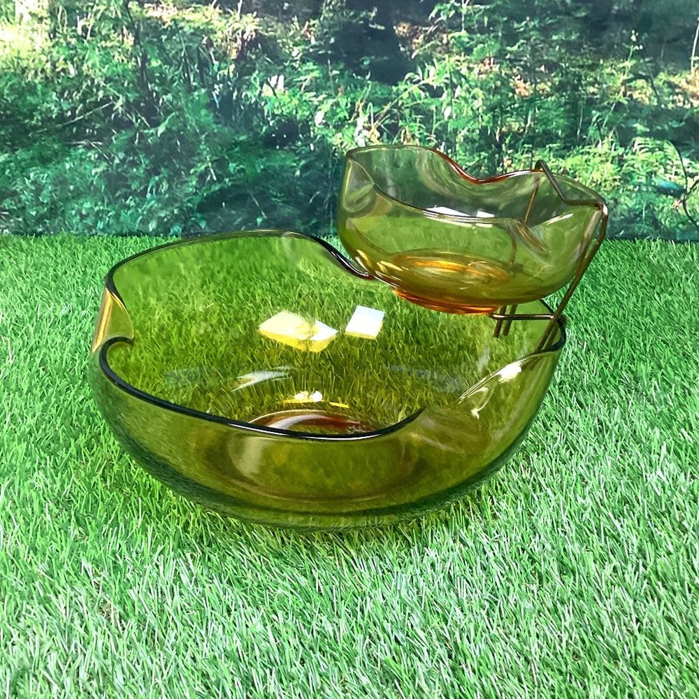 Vintage Anchor Hocking Chip & Dip Bowl Accent Modern Set Amber New